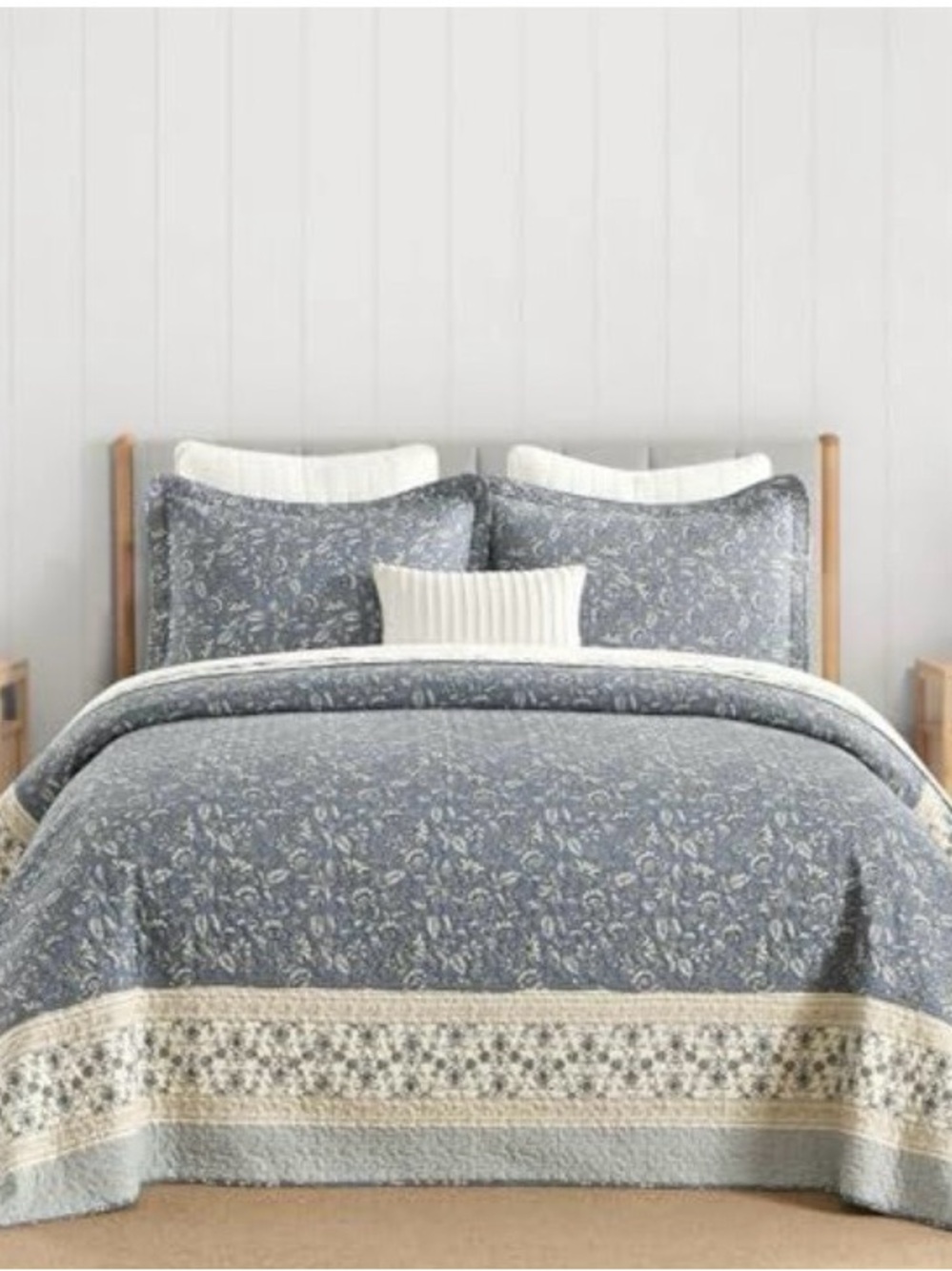 Blue Floral Quilted Comforter Set with Cream Accents
